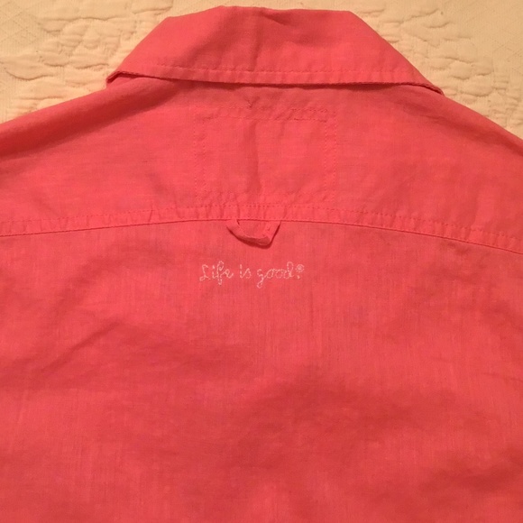 Life is Good Linen Cotton Blend Carnation Pink Button Front Short Sleeve Shirt - Picture 10 of 12